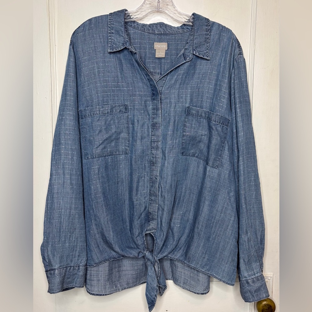 Chicos 4 Chambray Tie Front Button Down Shirt Top Sz 20